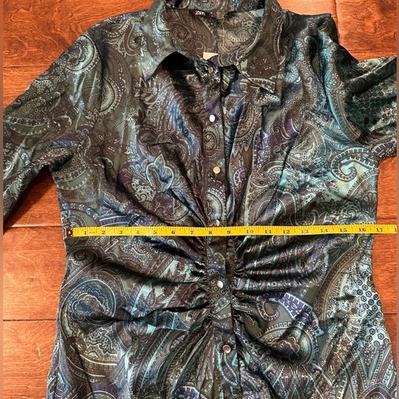 ZARA green satin paisley print ruched shirt dress size large - Picture 6 of 7
